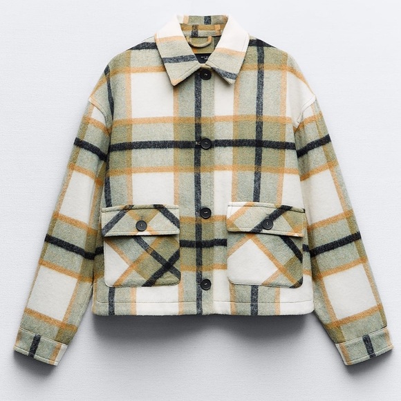ZARA Patch Pocket Plaid Overshirt Flannel Shacket Long Sleeve White and Green M - Picture 3 of 5